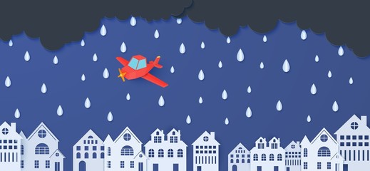Fototapeta na wymiar Red airplane flying in the storm. Rain clouds and city buildings in paper cut style. Vector rainy weather concept with falling water drops from the cloudy sky. Template for autumn monsoon sale banner.