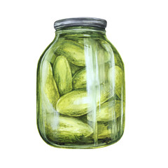 cucumbers in a glass jar, homemade pickled canned food, watercolor illustration, isolated, white background