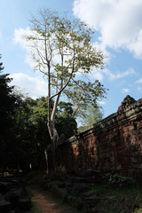 The ruins of medieval stone buildings in Cambodia. Dilapidated old buildings.