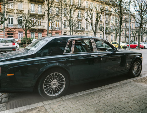 STRASBOURG, FRANCE - MAR 2, 2018: Rear view of new Rolls-Royce Phantom VIII luxury saloon car manufactured by Rolls-Royce Motor Cars on the street of the city in France