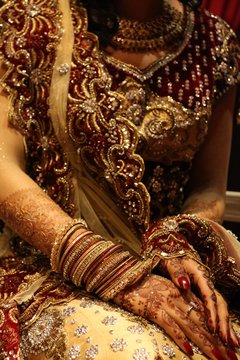 Person in brown and red sari dress