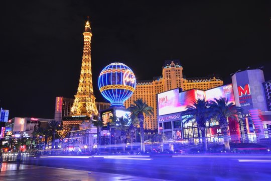 Las Vegas, Nevada - July 25, 2017: View of the Eiffel Tower and Paris balloon of Paris Resort Casino and hotels in Las Vegas on July 25, 2017.