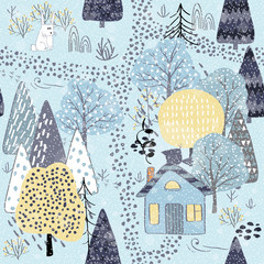 Forest seamless pattern background with winter trees.