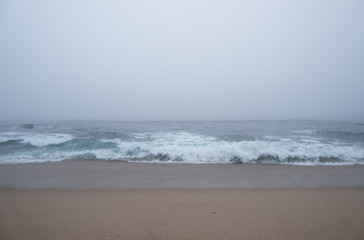 Thick, dense fog over the ocean. Waves breaking on the sandy shore. Straight on view.