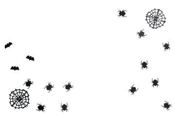 Black spiders and cobweb and bats on a white background. Halloween celebration background.