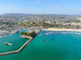 Aerial view of Dana Point Harbor town and beach