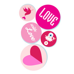 Bright greeting card with loving elements and the word love in circles