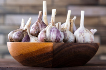 garlic on a wooden table. Healthy spices, healthy food