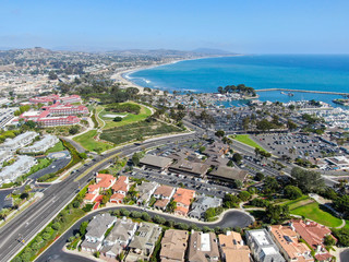 Aerial view of Dana Point Harbor town and beach - obrazy, fototapety, plakaty