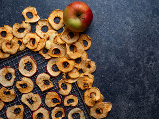 background of dried sliced apples, healthy snack concept