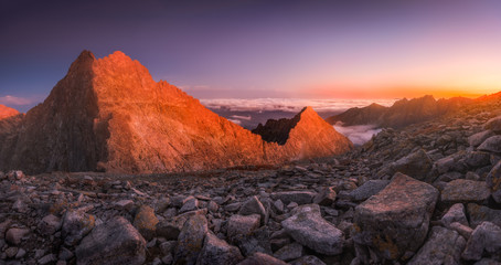 Mountains Landscape with Inversion in the Valley at Sunset as seen From Rysy Peak in High Tatras, Slovakia
