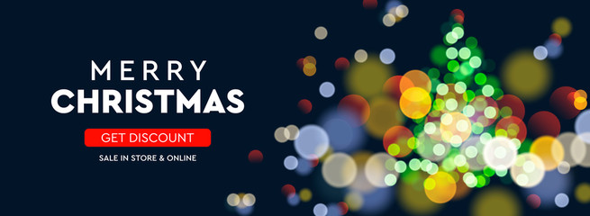 2020 New Year. Christmas tree sparkle blur bokeh effect horizontal background . Dark Xmas backdrop. Text Merry Christmas. Vector illustration for web banners invitation poster.