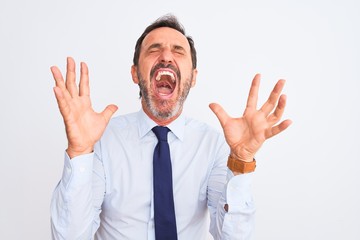 Middle age businessman wearing elegant tie standing over isolated white background celebrating mad and crazy for success with arms raised and closed eyes screaming excited. Winner concept