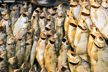 Close up image of pile of sun-dried fish