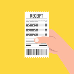 Fototapeta na wymiar Hand holding blank receipt. Bill atm template or restaurant paper financial check. Vector illustration.