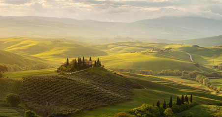 Spring panorama of the most beautiful area in Tuscany, Val d'Orcia Valley - obrazy, fototapety, plakaty