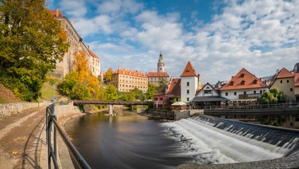Fototapeta premium Panoramic view of the historic city of Cesky Krumlov. UNESCO World Heritage Site in beautiful evening light, Czech Republic
