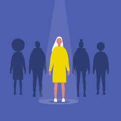 Fame. Female character standing on a stage under the light beam. Outstanding qualities. Skill. Talent. Flat editable vector illustration, clip art