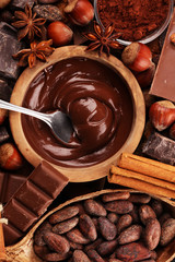 Chocolate bar pieces and melting swirl cocoa. Sweet food photo concept. The chunks of broken chocolate on table