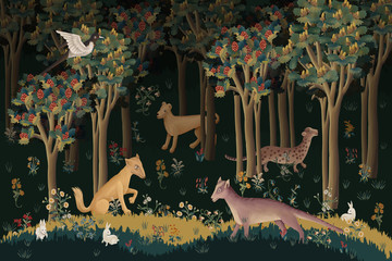 Fototapety  Średniowieczny głęboki las z różnymi fantastycznymi bestiami. Ilustracja w stylu flamandzkich gobelinów