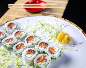 japanese food delicious salmon uramaki sushi with rice