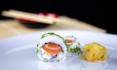 japanese food delicious salmon uramaki sushi with rice