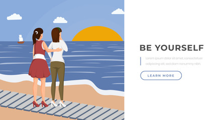 Lesbian couple support landing page template. Young girls, women standing on beach, looking at sunset cartoon characters. Gay partners, tolerance to sexual minorities website page design layout