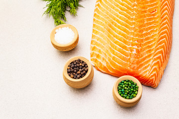 Cooking fresh raw salmon. Ingredients for marinated and salted fish