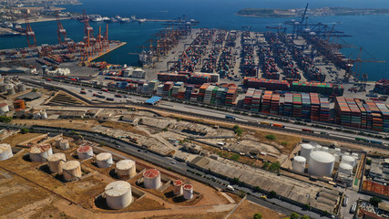 Aerial drone photo of industrial cargo container terminal in commercial port of Piraeus
