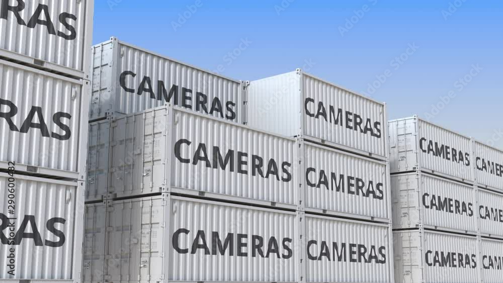 Poster container yard full of containers with cameras. production, export or import related loopable 3d ani