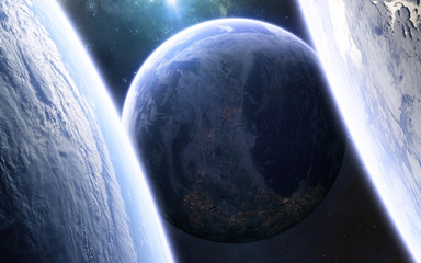 Inhabited planets in deep space. Beautiful cosmic landscape. Science fiction. Elements of this...