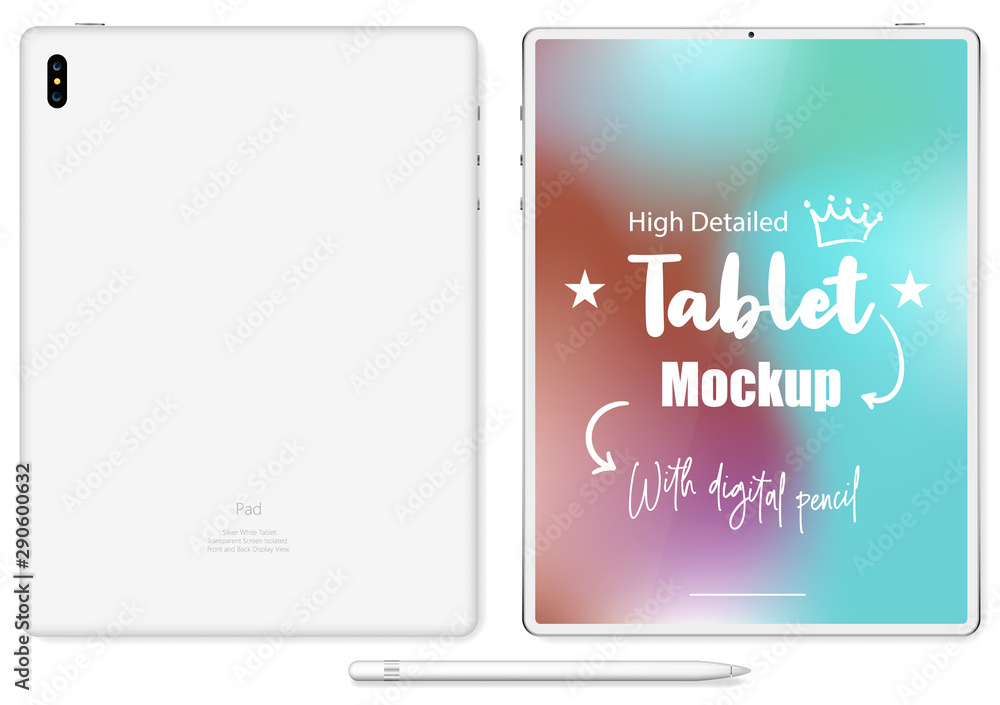 Poster Mockup of a new version of 12.9-inch premium black pro tablet in trendy thin frame design. Isolated on a transparent background. Vector image.