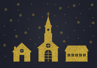 Fototapeta premium Christmas gold glitter elements. Church and houses.