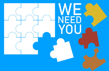 The place is vacant, we need you, puzzles illustration, free vacancy. Flat design. illustration, vector.