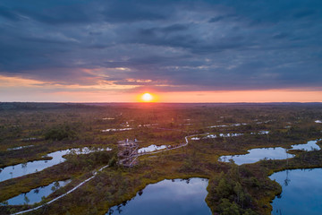 Fototapeta premium Aerial view of swamp, wooden path and wooden watchtower in Kemeri national park during sunrise. (high ISO image)