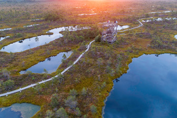 Aerial view of swamp, wooden path and wooden watchtower  in Kemeri national park during sunrise. (high ISO image)