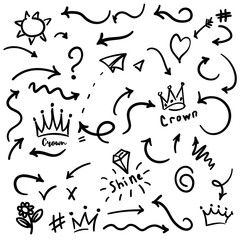 Isolated vector hand drawn arrows set. Vector crown logo. Hand drawn arrows graffiti sketch and signs collections. Arrows Black brush line isolated on white background