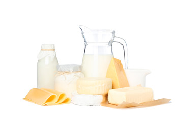 Fresh dairy products isolated on white background. Cheese, milk, butter
