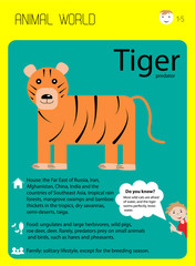 striped tiger. educational card for children. interesting facts, nutrition, habitat. Learning English, home education. Preschool education