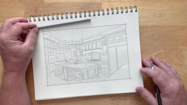 4k Custom Kitchen Photo Appears Over Artist Drawing On Pad of Paper