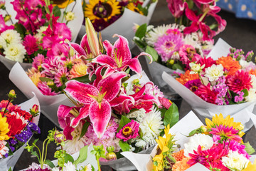 USA, Washington State, Vancouver. Fresh cut flowers for sale at a farmers market.