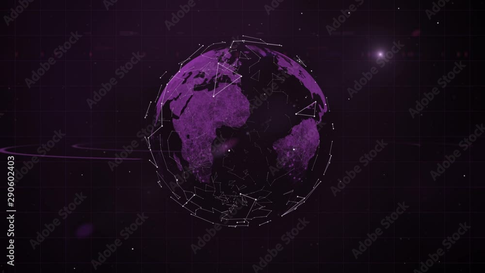 Poster illustration of a futuristic sci-fi space landscape with planet in blockchain patterns rotating on i