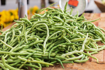 USA, Washington State, Vancouver. Fresh string beans for sale at a farmers market.