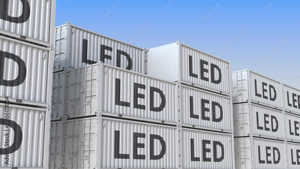 Poster container terminal full of containers with led text. production, export or import related loopable 3