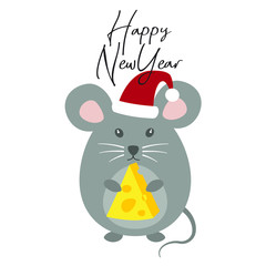 Cute grey mouse, santa hat, vector illustration