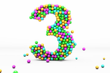 Numbers balls multi-colored, kids font 3d render. Number 3. Isolated on white background.