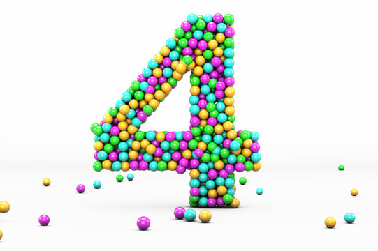Numbers balls multi-colored, kids font 3d render. Number 4. Isolated on white background.