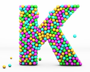  Alphabet balls multi-colored, kids font 3d render. Letter K. Isolated on white background.
