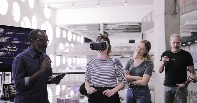 People queuing to try VR at a trade fair