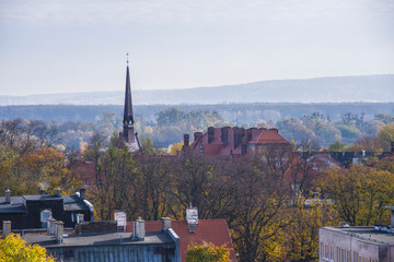 Naklejka premium landscape with church turret urban landscape with trees and blue sky mist fog